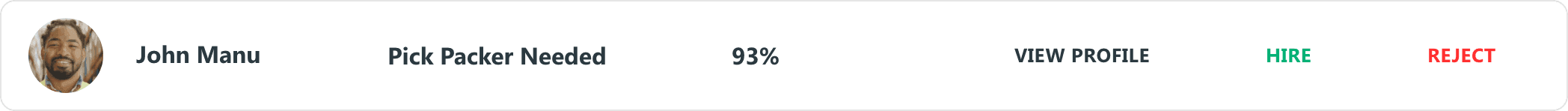 Worker profile card showing John Manu as a Pick Packer with 93% rating - demonstrating the quality rating system